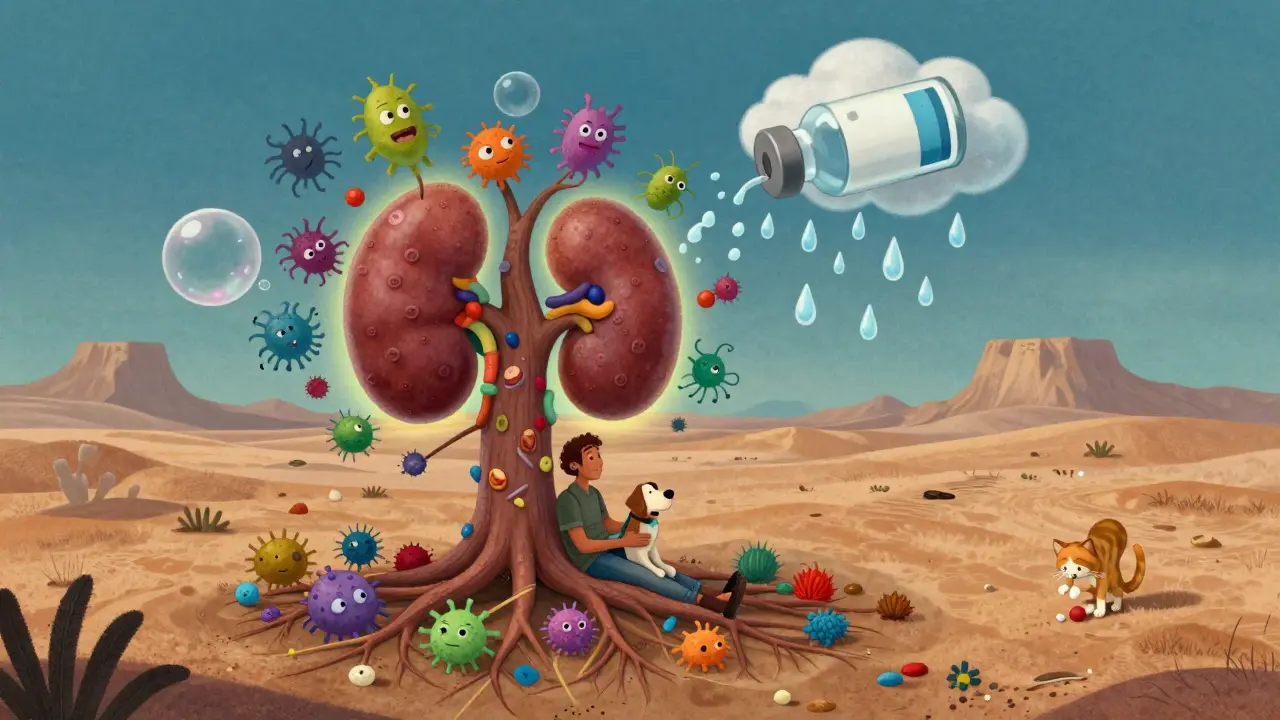 Un rein greffé sous forme d'arbre lumineux entouré d'une flore intestinale amicale, avec des bactéries résistantes qui glissent, dans un style d'animation mexicaine fantastique.