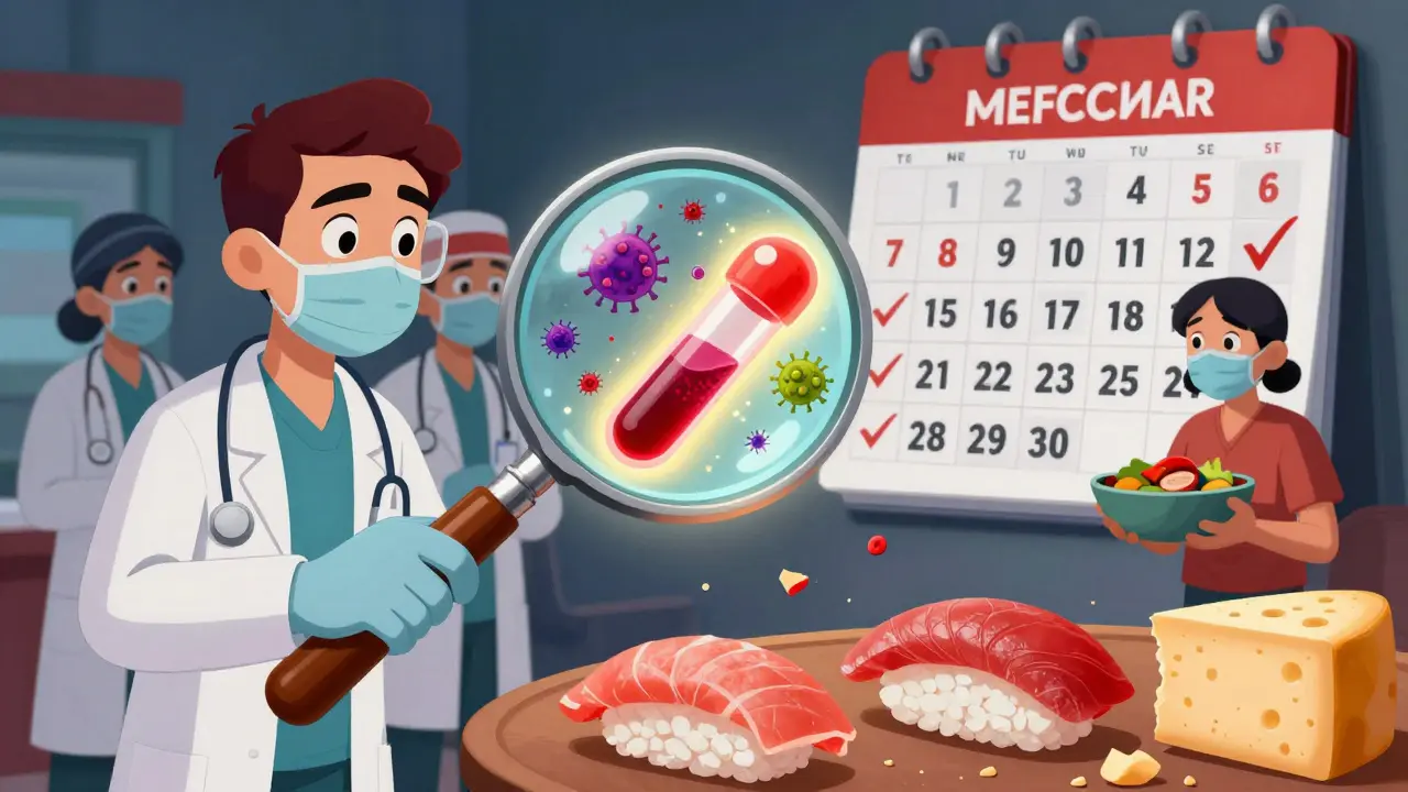 Une équipe médicale examine un échantillon de sang avec une loupe géante, montrant des virus et des champignons, dans un style d'animation mexicaine vivace.