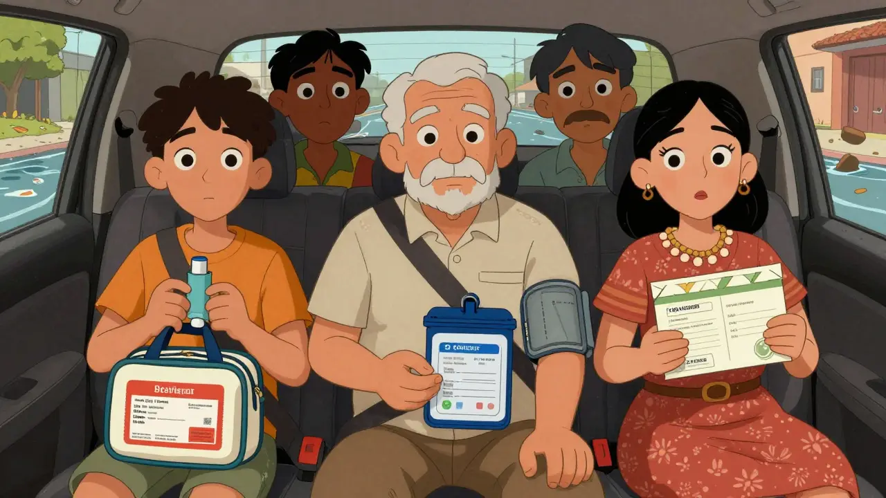 Une famille en évacuation porte chacune son sac médical personnalisé, dans un contexte d'inondation.