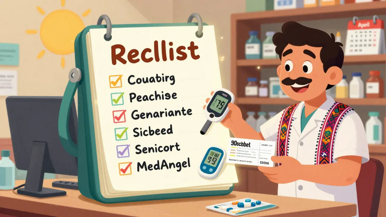 Une liste flottante montre les éléments essentiels d'un sac de médicaments, accompagnée d'un pharmacien souriant.