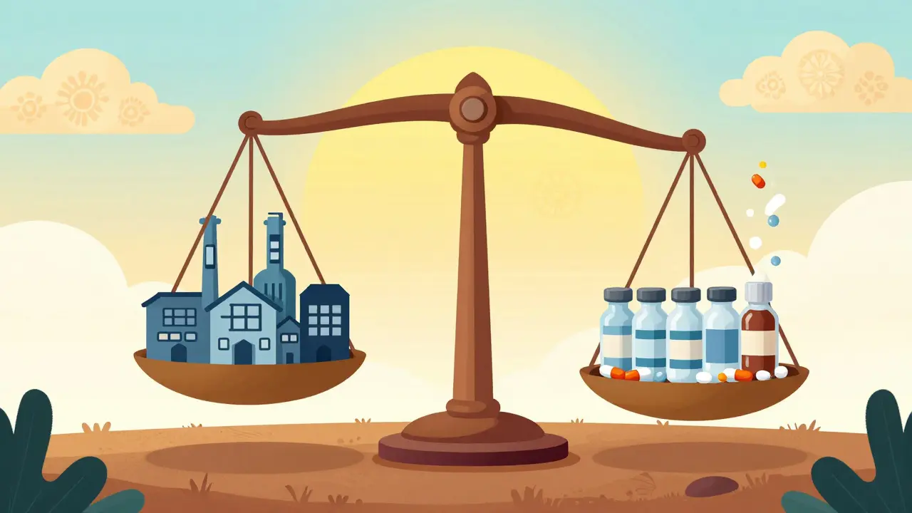 Balance équilibrée avec quelques usines et un flux régulier de médicaments sur fond coloré.