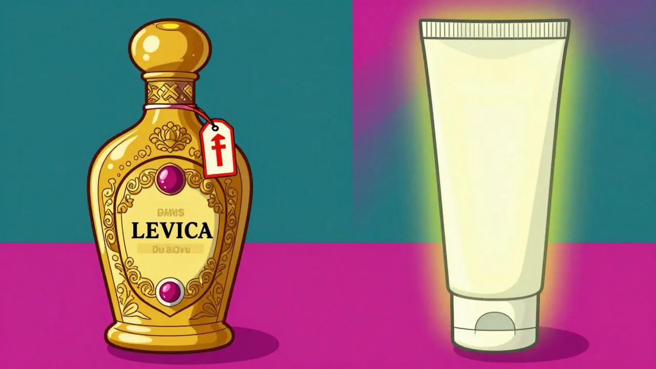 Comparaison visuelle entre un médicament de marque luxueux et un générique abordable.