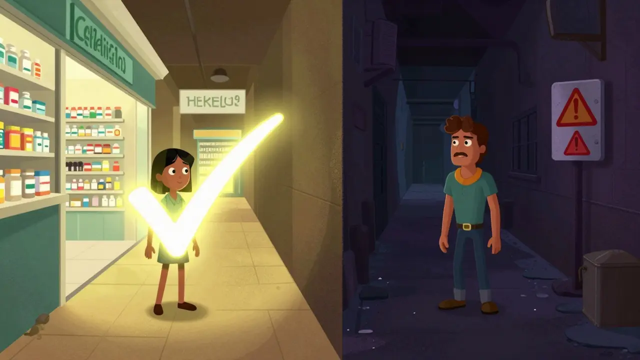 Comparaison visuelle entre une pharmacie agréée et un site frauduleux.