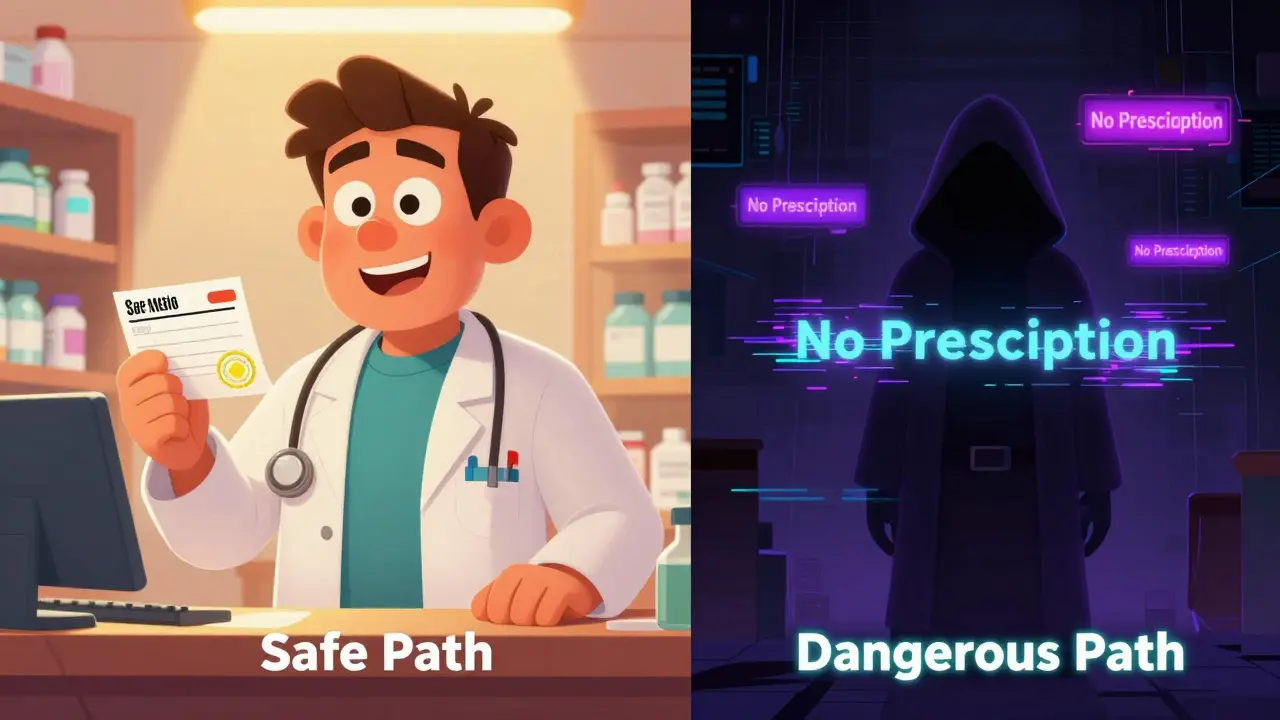 Comparaison visuelle entre une pharmacie certifiée sécurisée et un site illégal sombre.