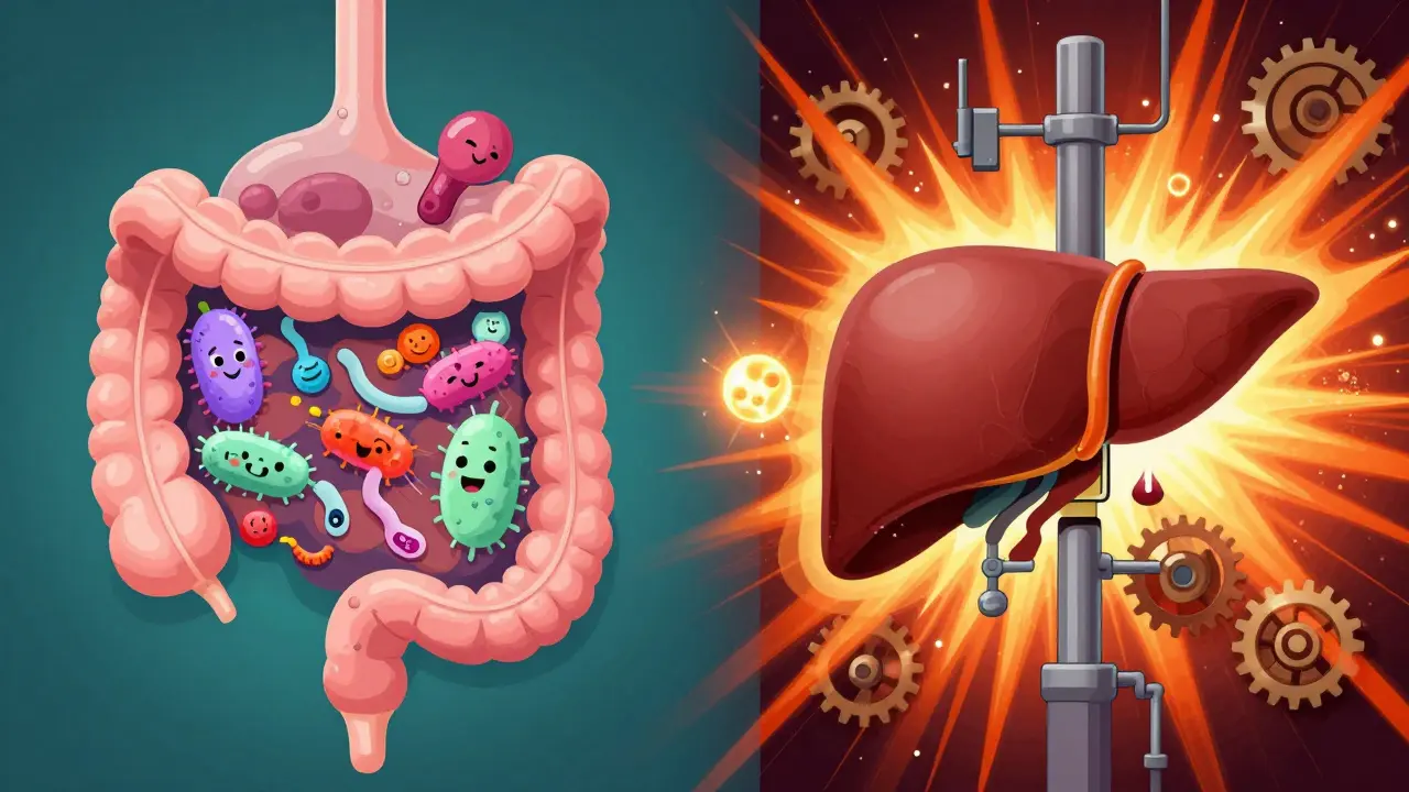 Illustration conceptuelle comparant la flore intestinale et l'activité du foie.