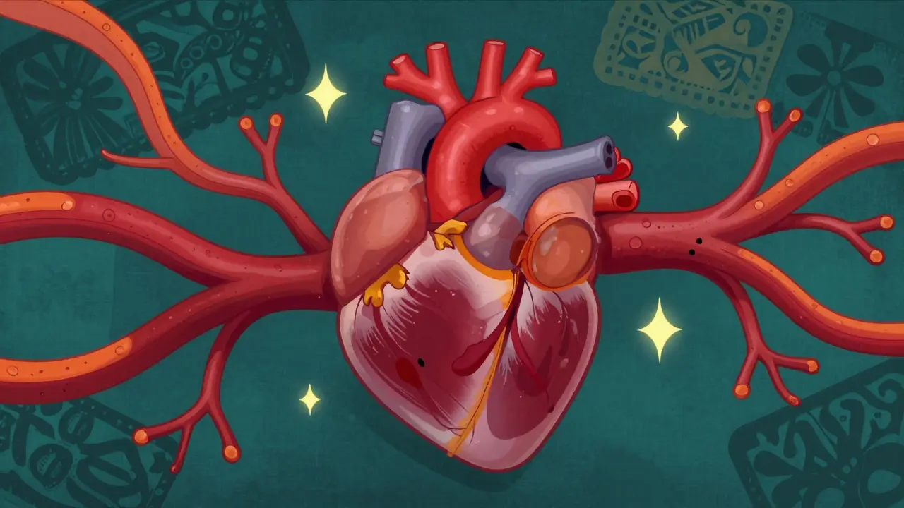 Illustration stylisée d'un cœur et de vaisseaux sanguins se dilatant.