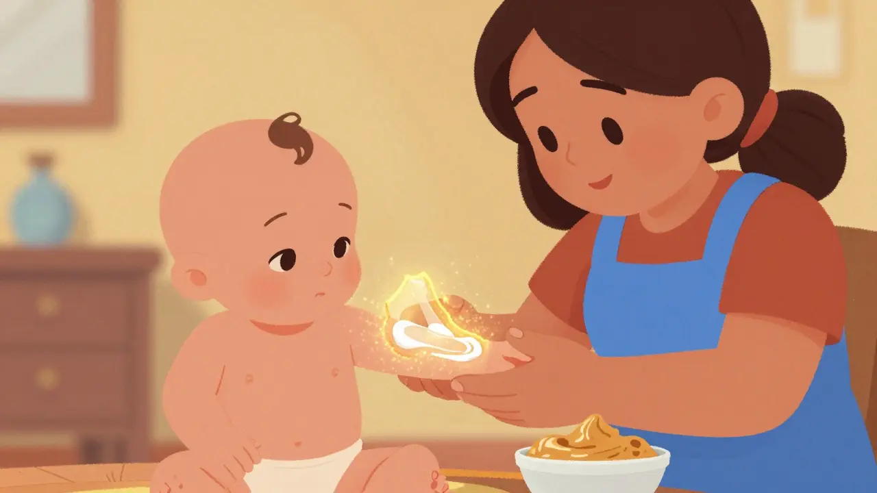 Parent appliquant une crème protectrice sur la peau d'un bébé dans un style animation mexicaine.