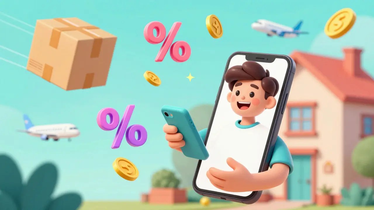 Personne heureuse utilisant son téléphone pour trouver des coupons de réduction.