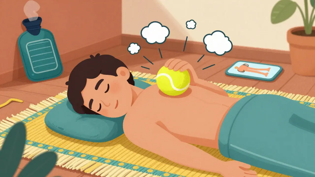 Personne utilisant une balle de tennis pour masser son dos sur un tapis coloré.