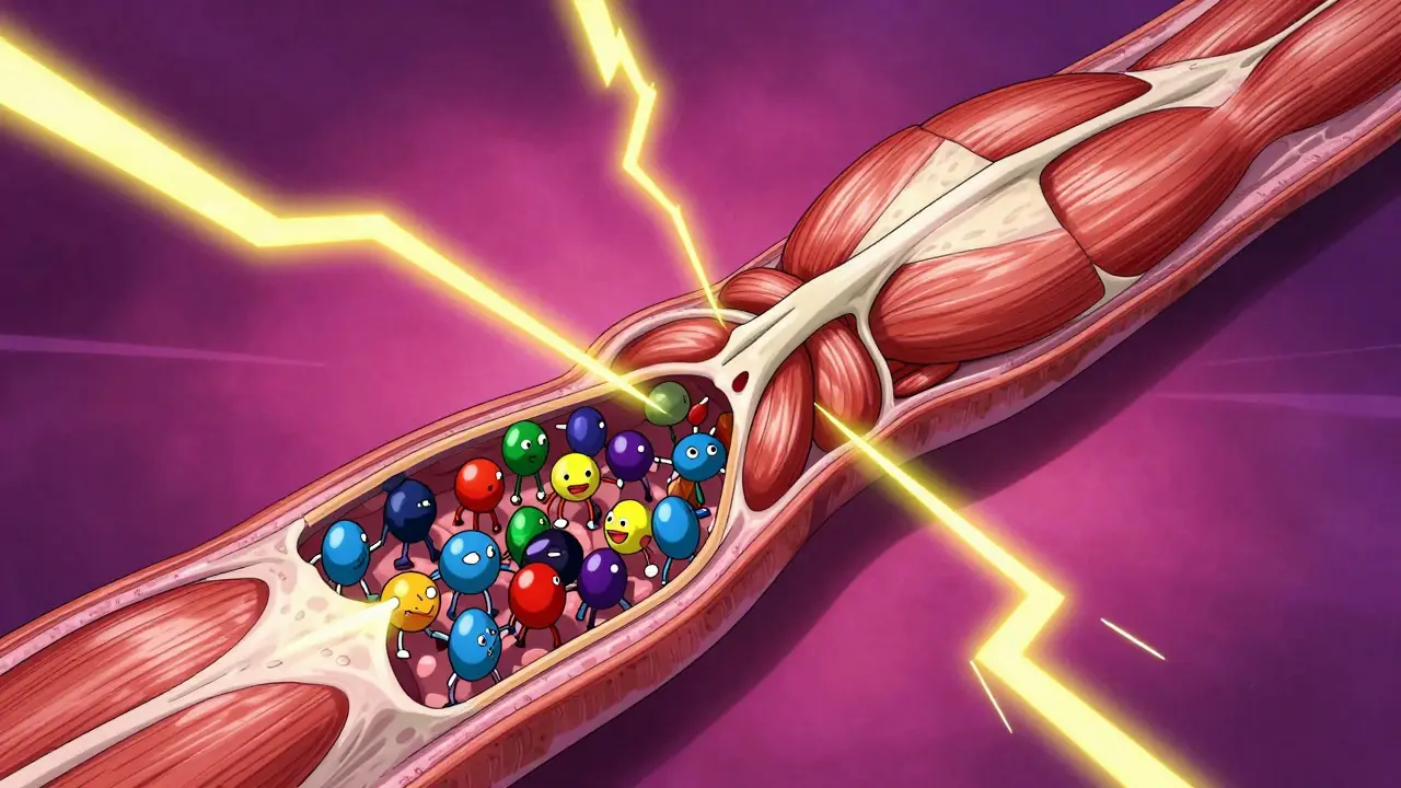 Représentation stylisée d'un nœud musculaire avec des éclairs de douleur référée.