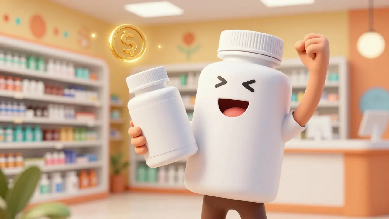 Un consommateur heureux avec un flacon de médicament générique et un coupon de réduction.