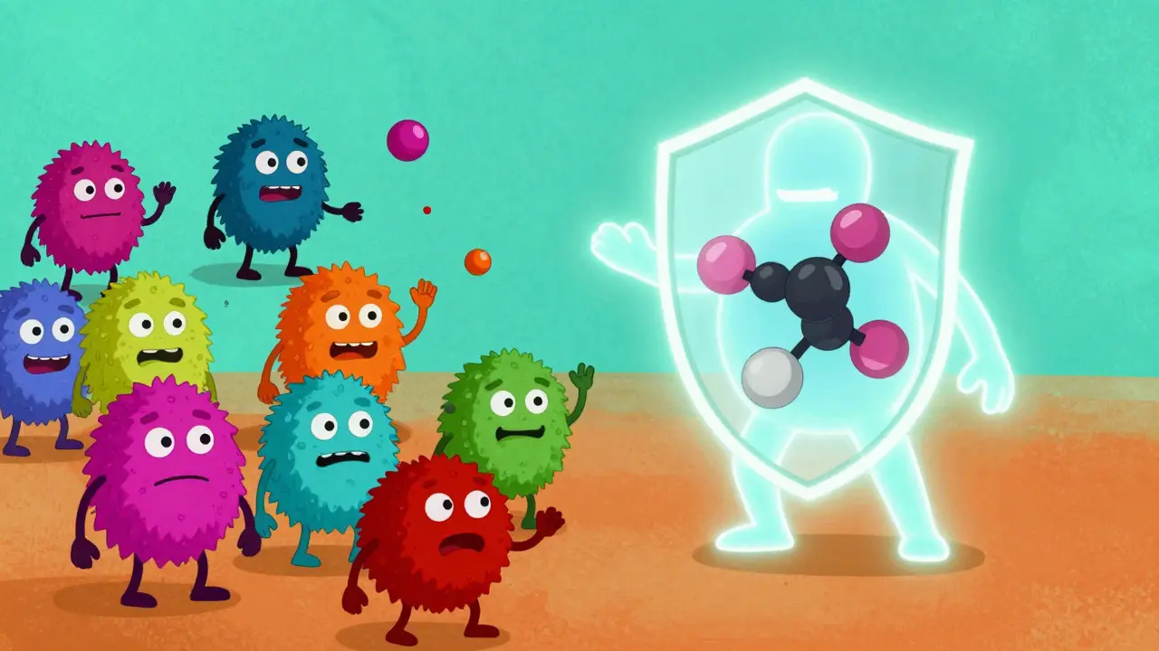 Une molécule de fexofénadine combattant des histamines dans un style d'animation stylisé.