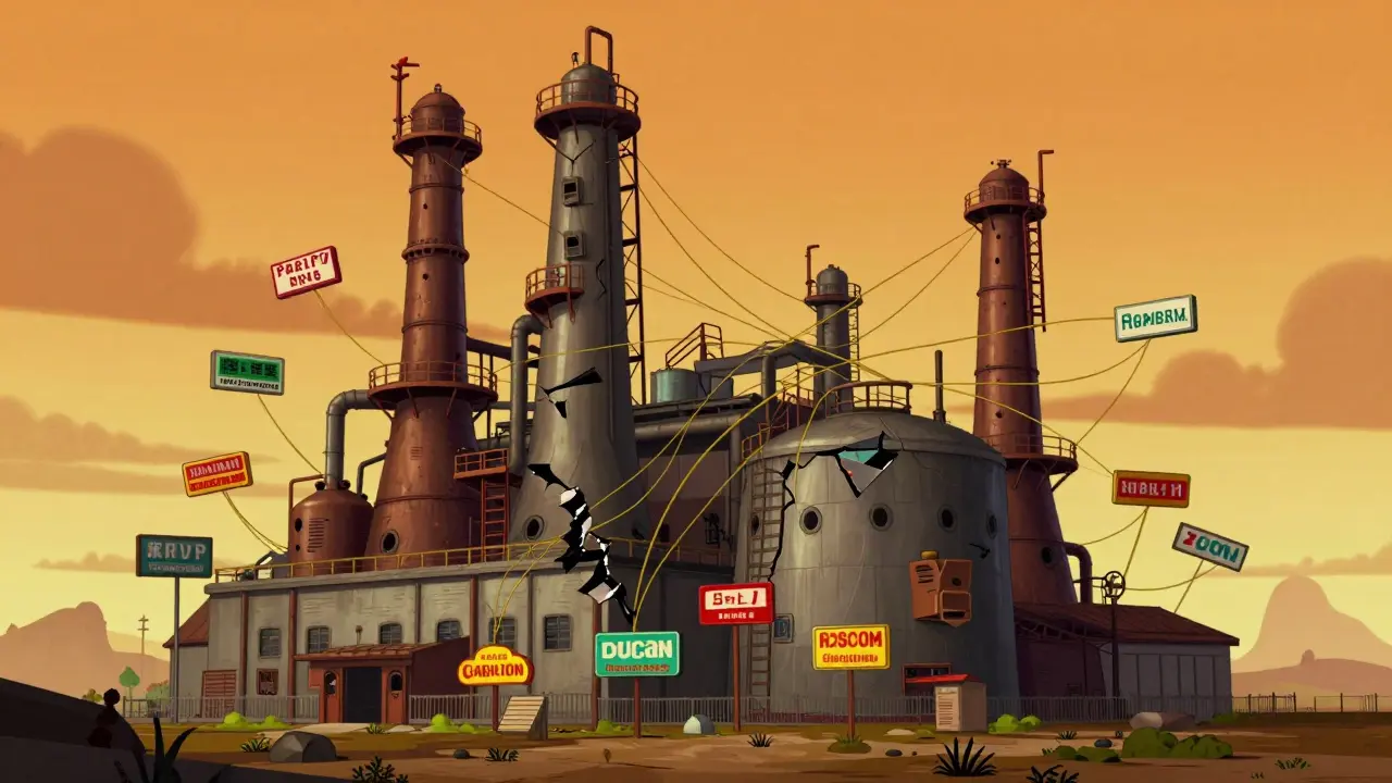 Usine fragile reliée par des fils à plusieurs pharmacies, illustrant la dépendance d'un seul fournisseur.