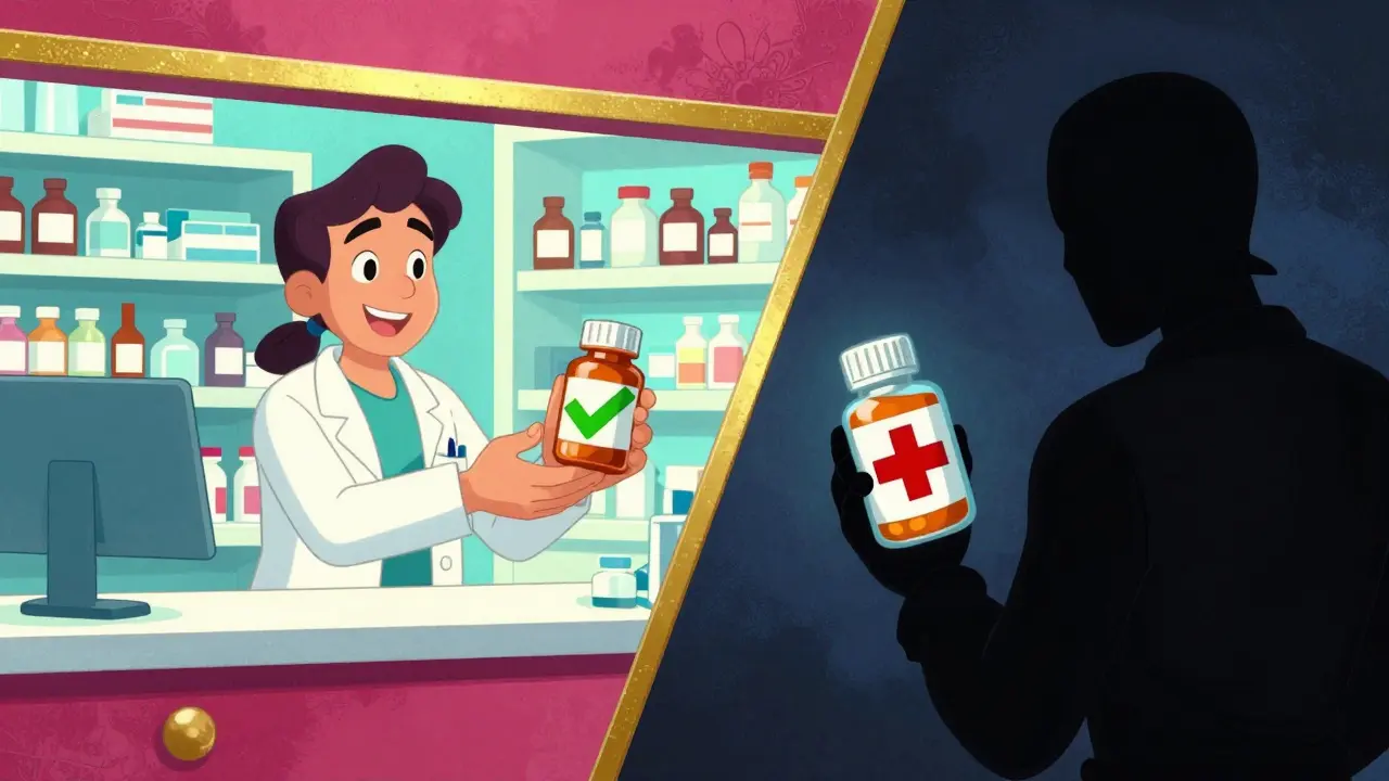 Contraste entre pharmacie sûre et vendeur de faux médicaments