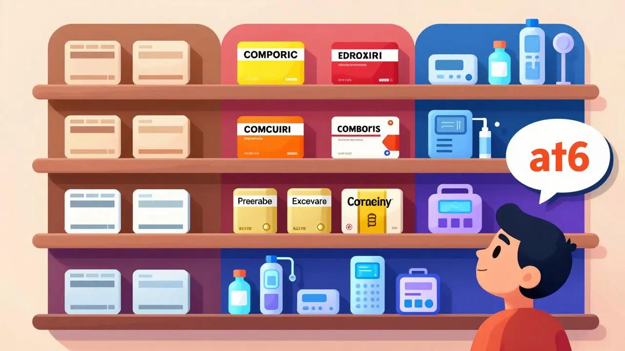 Étagères illustrant les différents niveaux de coûts des médicaments dans un style cartoon