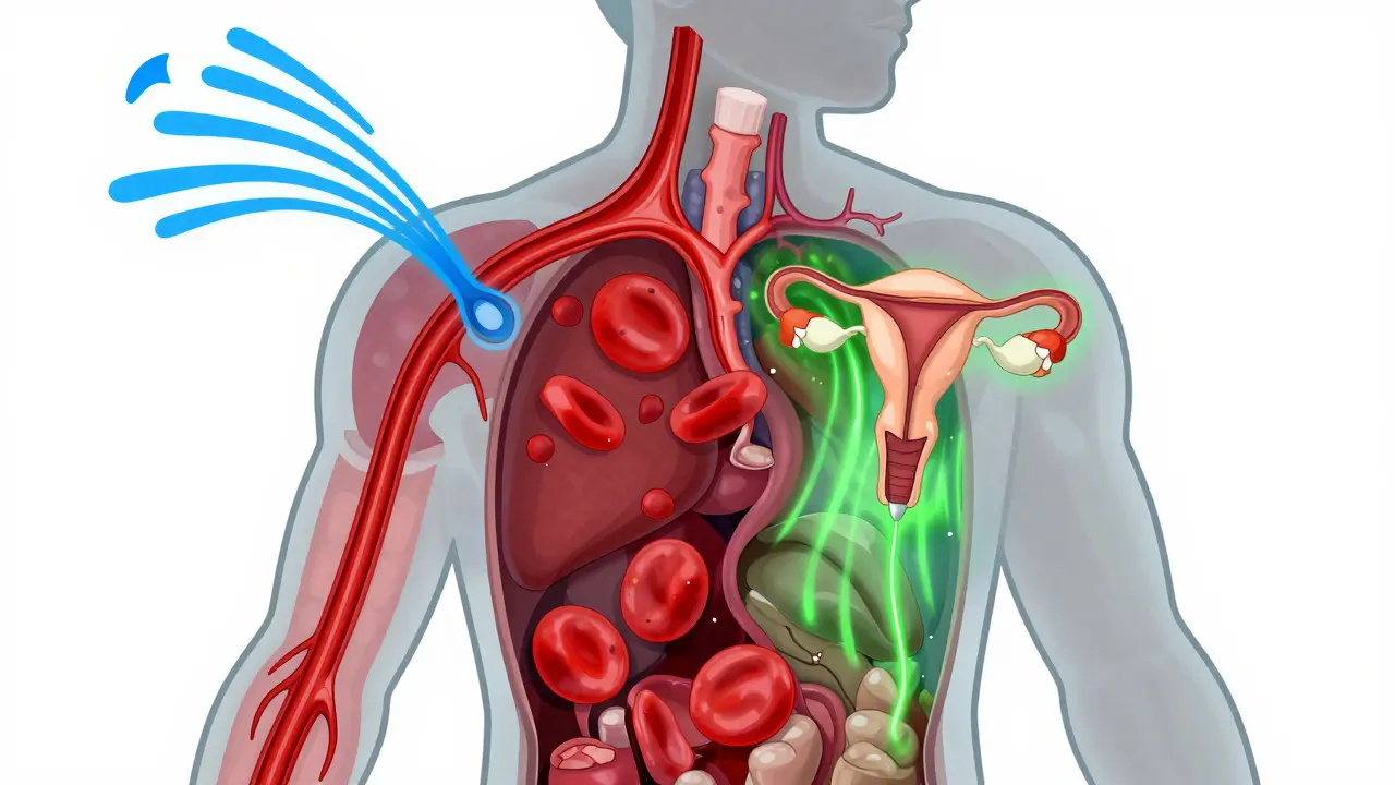 Illustration montrant la différence d'action hormonale systémique vs locale du corps.