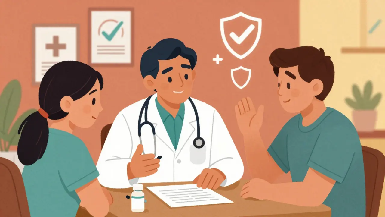 Médecin et patient discutant ensemble pour trouver une solution thérapeutique abordable