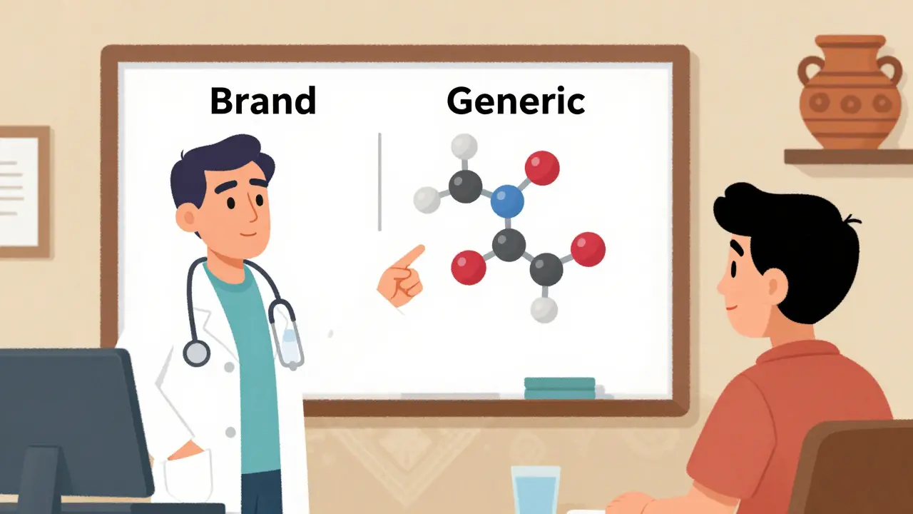 Médecin expliquant l'équivalence des molécules à un patient avec des visuels simples