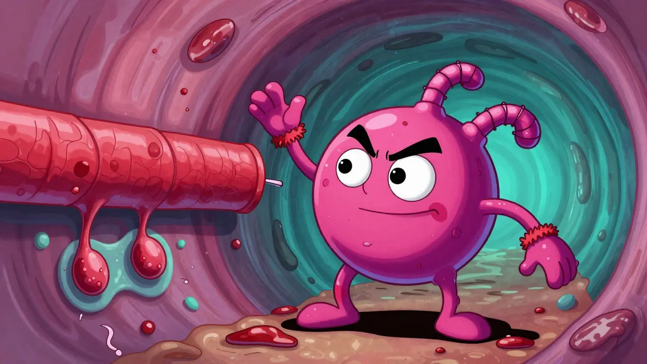 Particule de lipoprotéine(a) collante s'attachant à une artère dans un style cartoon.