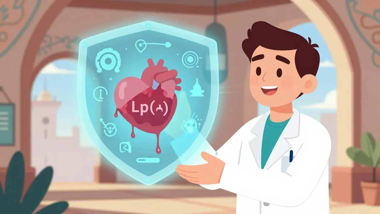 Un bouclier scientifique futuriste protégeant le cœur des risques cardiovasculaires.