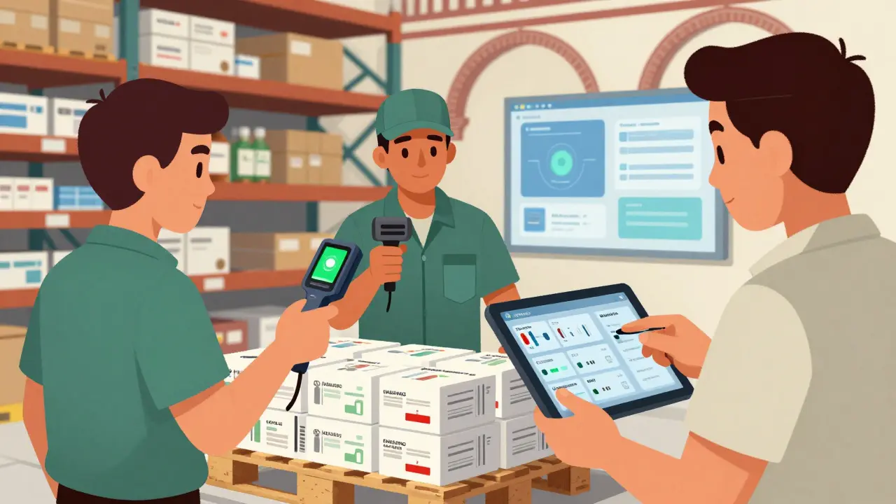 Vérification opérationnelle des médicaments avec scanners et IA, illustrée dans le style d'animation mexicain.