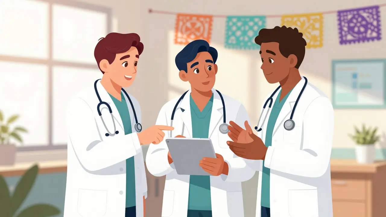 Équipe médicale discutant collaboration, style illustratif mexicain