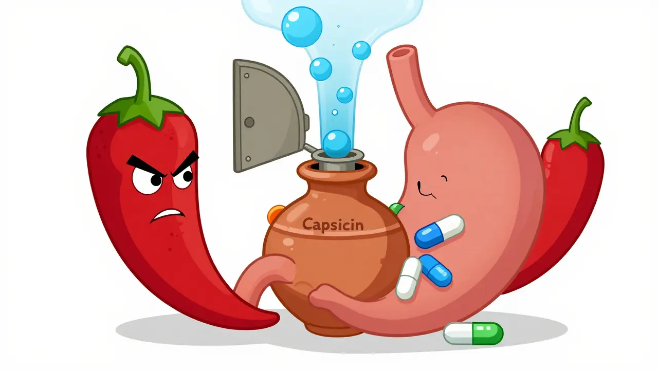 Illustration conceptuelle montrant l'interaction entre piment et médicaments sur l'estomac