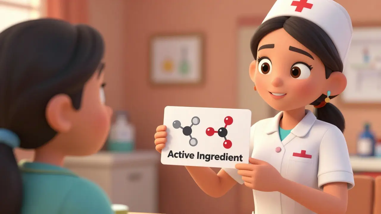 Infirmière expliquant la bioéquivalence avec une carte visuelle simple au patient