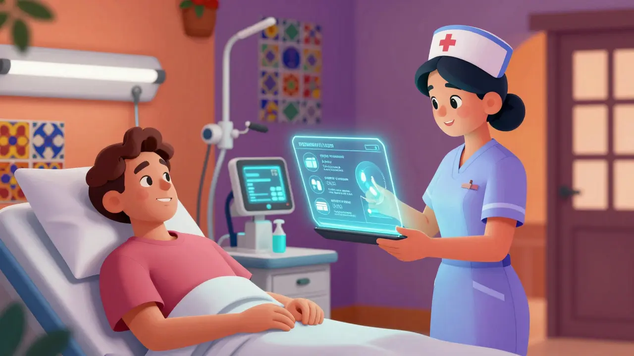 Infirmière utilisant une tablette pour montrer des données sur les médicaments génériques