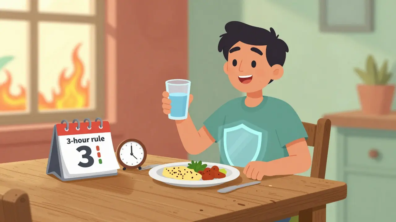 Personnage heureux gérant son alimentation et ses médicaments pour éviter le reflux