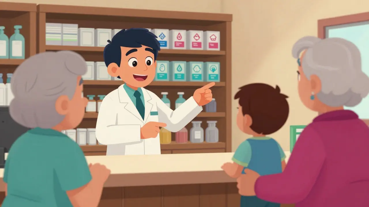 Pharmacien conseillant un client avec des patients vulnérables