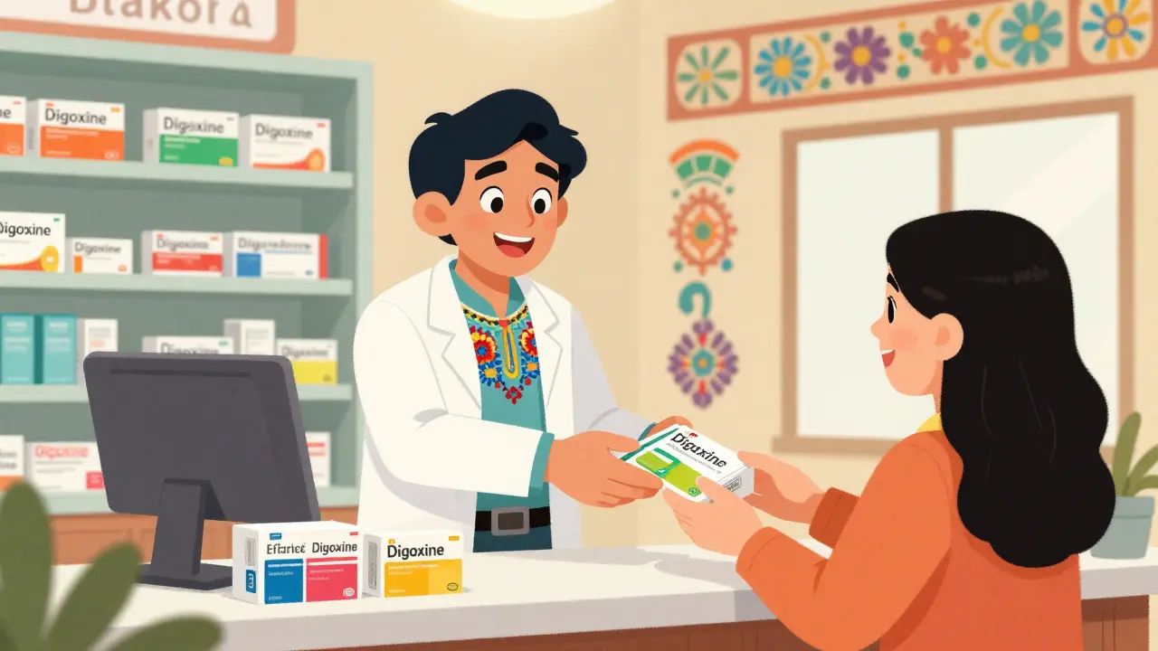 Pharmacien souriant remettant des médicaments Digoxine à un client satisfait