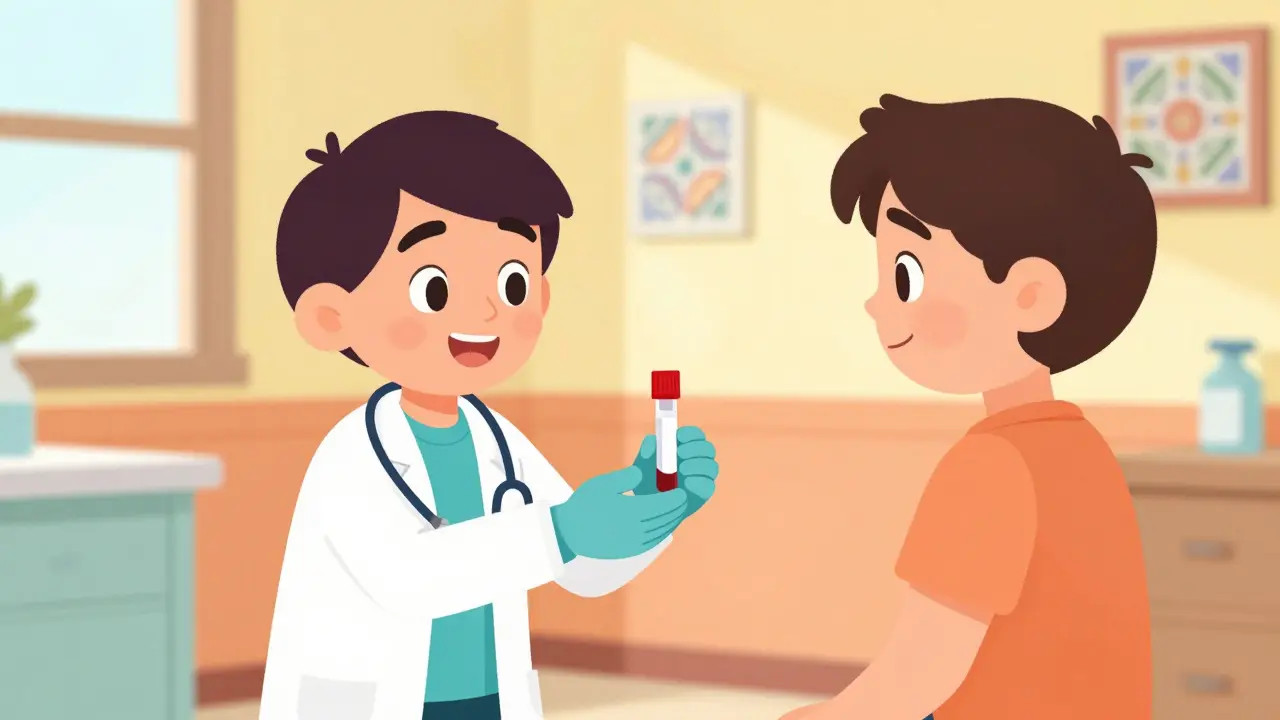 Scène de dépistage médical rassurante avec un médecin et un patient dans un style cartoon.