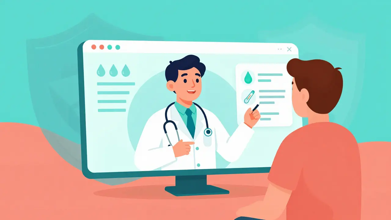 Téléconsultation médicale sécurisée illustrée en style cartoon mexicain