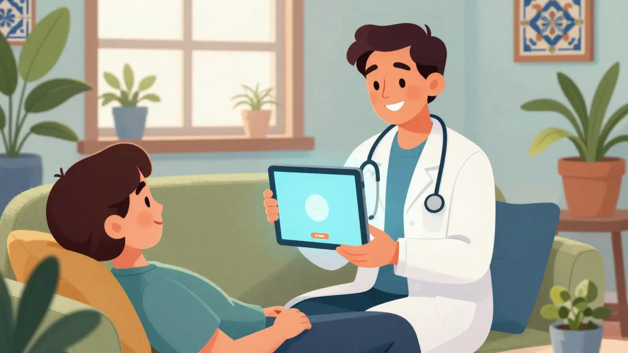 Consultation de télémédecine rassurante avec un médecin souriant sur tablette
