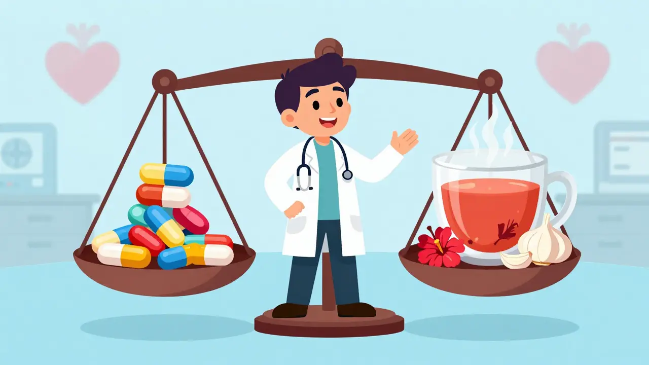 Échelle équilibrée entre médicaments et thé à l'hibiscus avec un médecin souriant