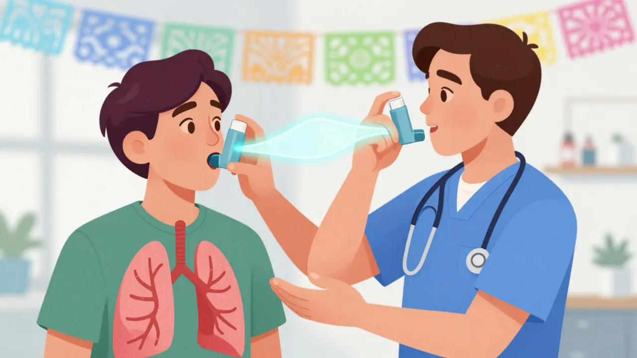 Professionnel de santé corrigeant la technique d'inhalation d'un patient