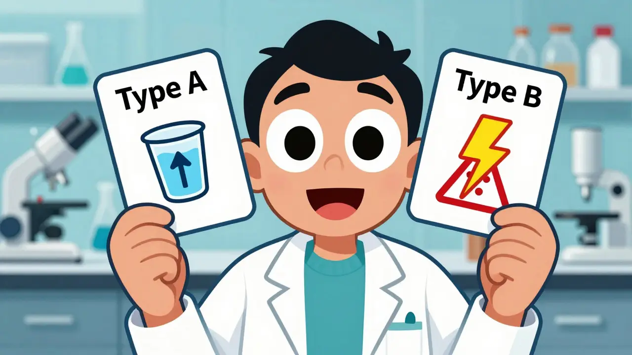 Scientifique expliquant les types de réactions aux médicaments avec des symboles visuels simples