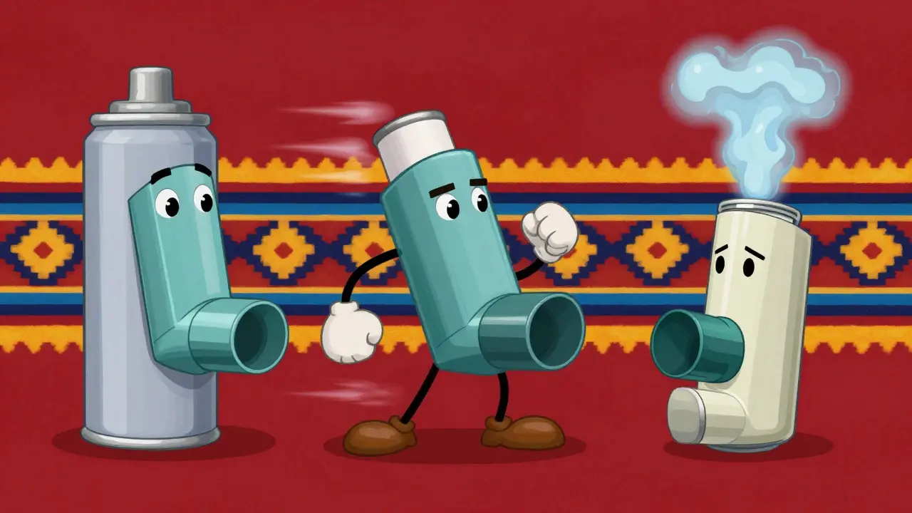 Trois types d'inhalateurs illustrés avec des métaphores visuelles de leurs mécanismes
