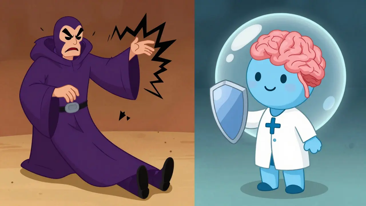 Comparaison visuelle entre antiémétiques dangereux et sûrs pour Parkinson en style animé.