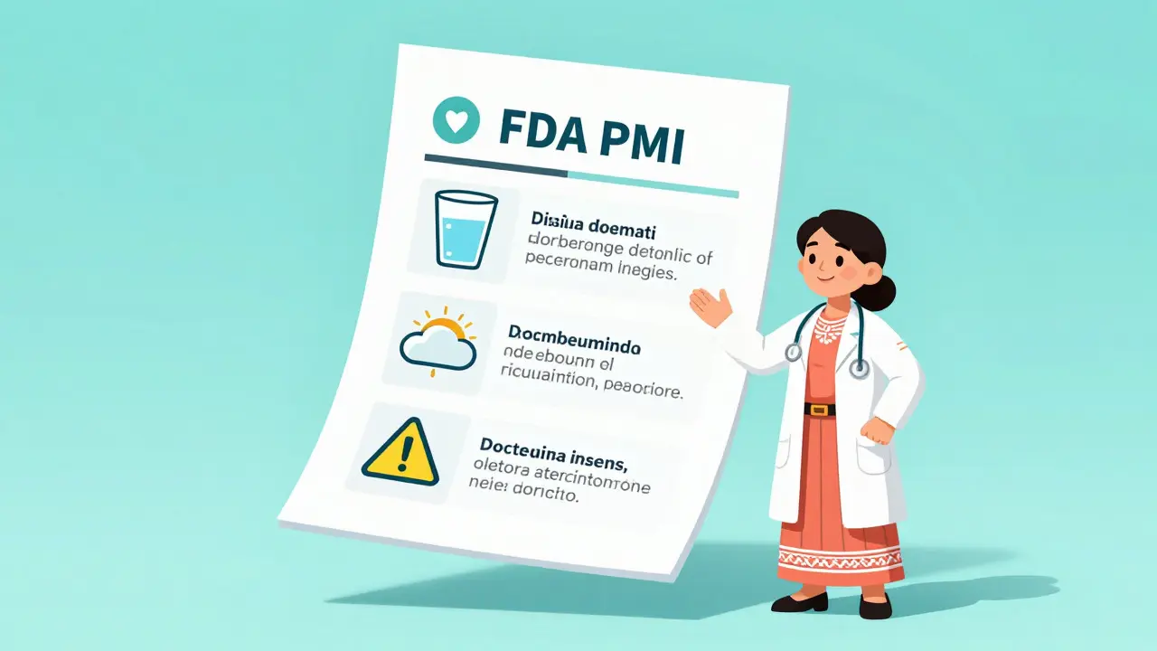 Document PMI simplifié avec des icônes claires et un pharmacien souriant
