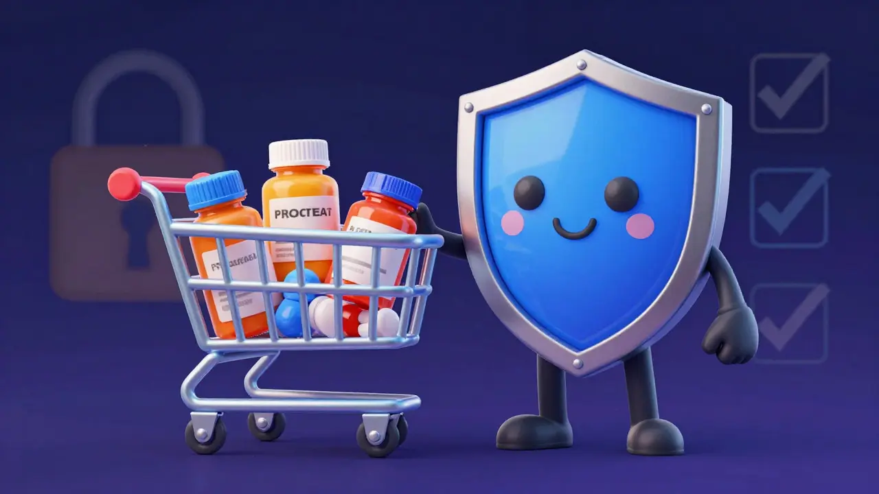 Illustration stylisée de sécurité pour l'achat de médicaments en ligne