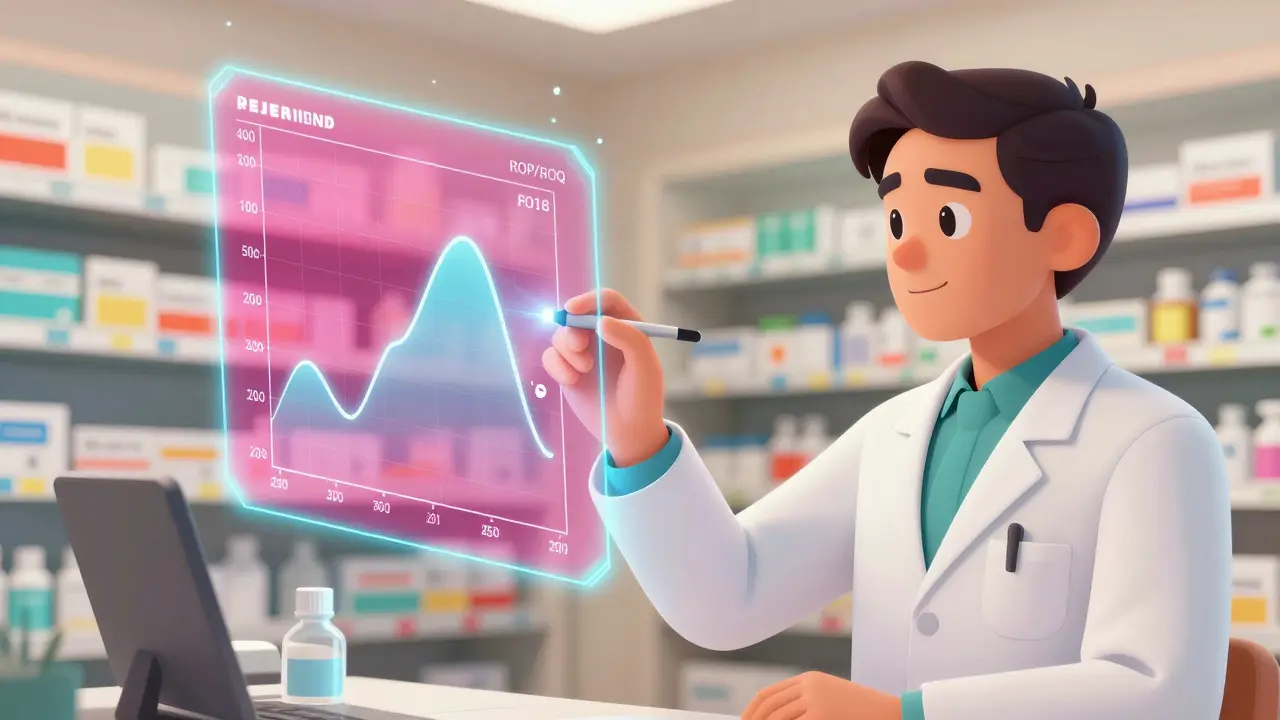 Pharmacien analysant des graphiques de stock flottants dans une pharmacie moderne