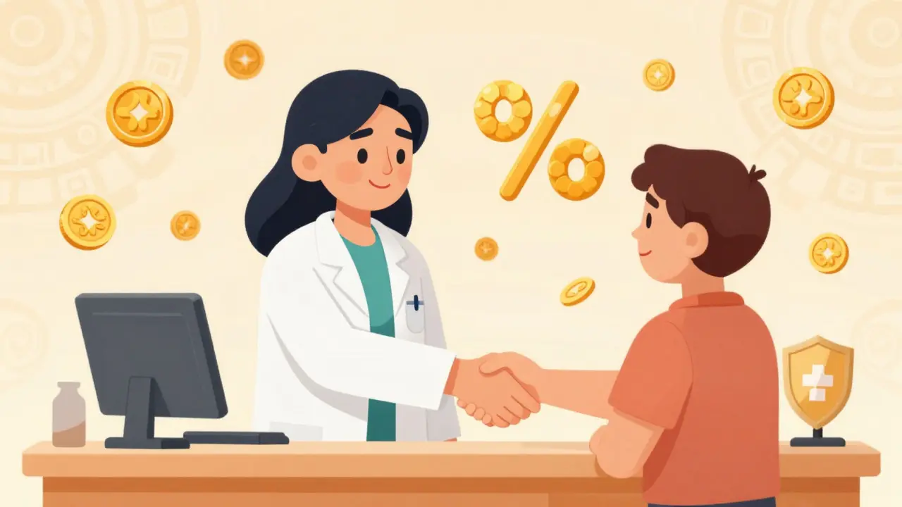 Pharmacien et client souriants entourés de symboles d'économies