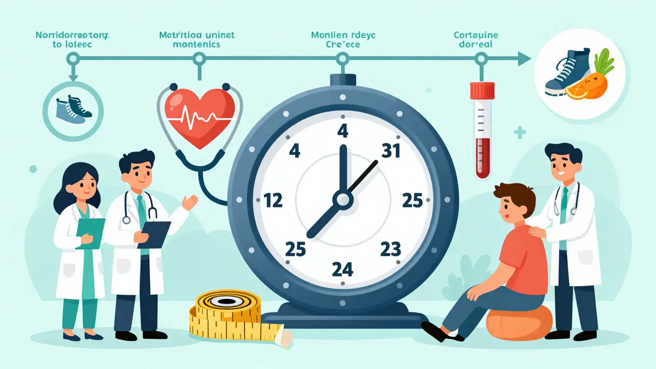 Protocole de suivi médical illustré avec calendrier et outils de mesure