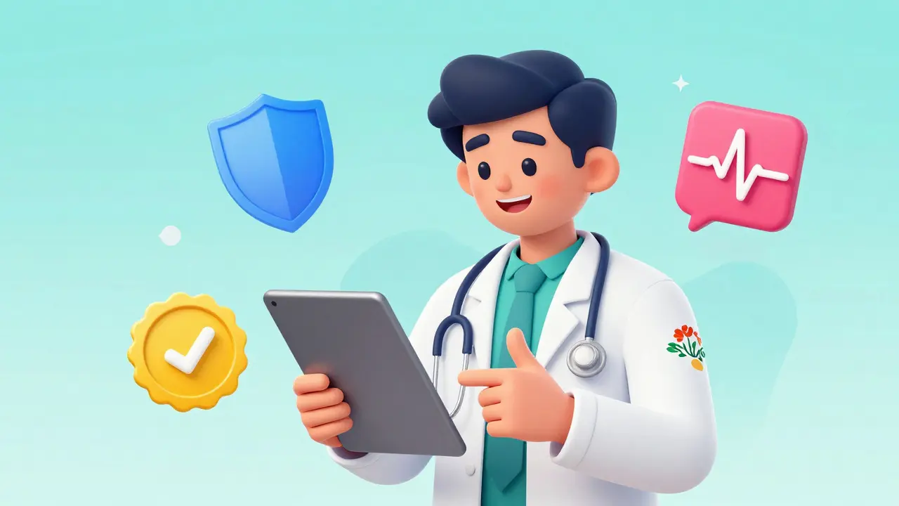 Un médecin stylisé valide une prescription en ligne avec confiance