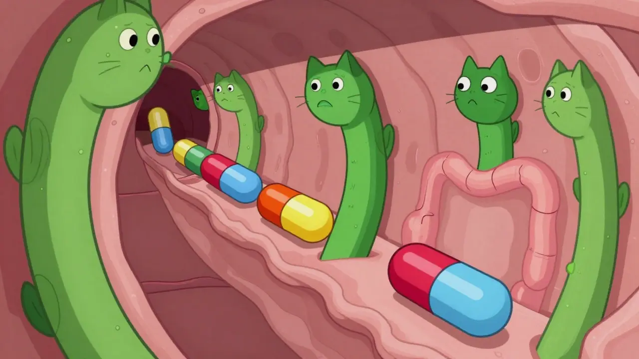 Vue schématique de l'intestin où les catéchines bloquent les médicaments