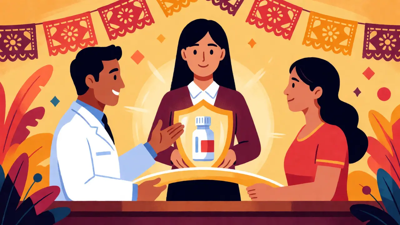 Conseil médicamenteux réussi avec interprète en style illustration mexicaine