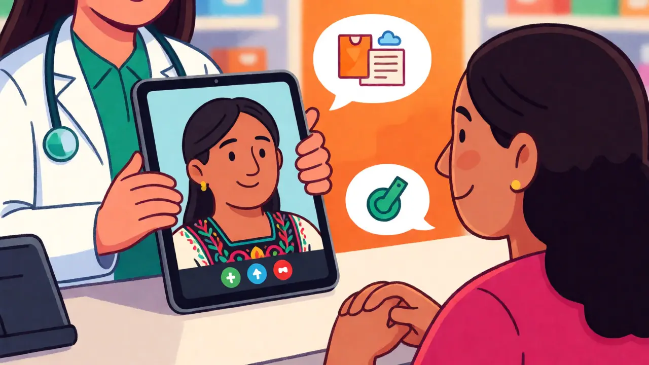 Interprète professionnel aidant un patient via vidéo en style cartoon mexicain