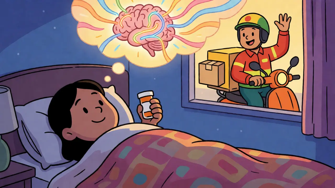 Patient au lit avec un médicament et un livreur de colis visible par la fenêtre